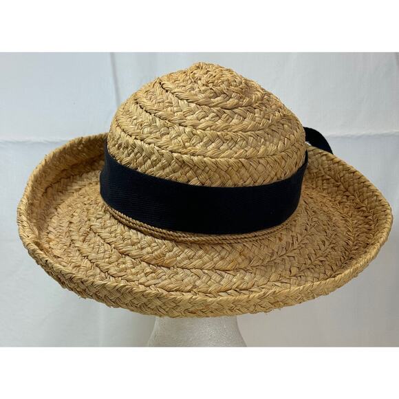 Helen Kaminski Hat Classic 5 Raffia Straw Nougat Black Ribbon Bow Beach Sun